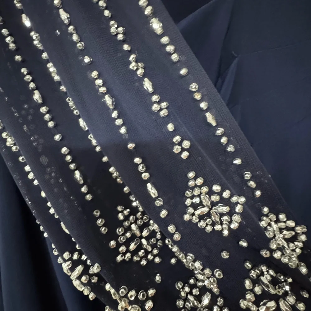 MARINA Navy Long Sleeve Evening Gown with Beaded Sleeves - Picture 4 of 6